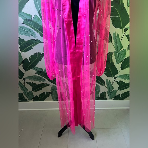 Pink Lily Womens Pink Sheer Silver Pearled Duster Open Front Jacket Medium NWOT - Picture 3 of 7